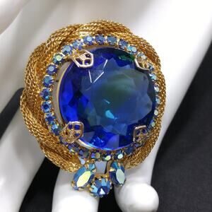 Vintage Blue Glass Stone AB Rhinestone Gold Mesh Brooch 1960s
